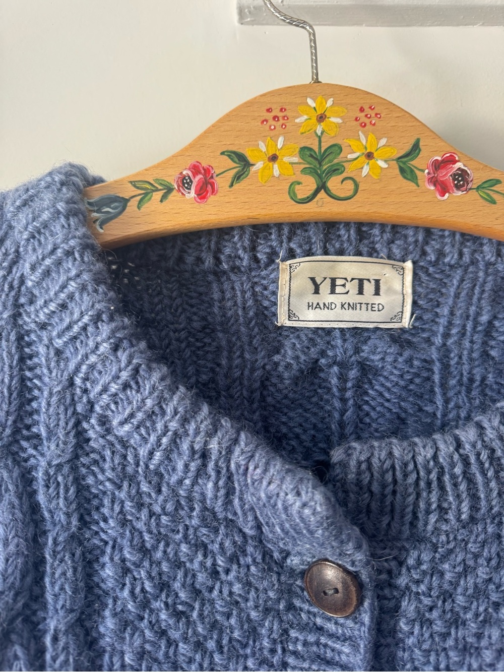 Wool Blend Blue Cable Knit Button-Front Sweater - Hand Knitted - Picture 2 of 5
